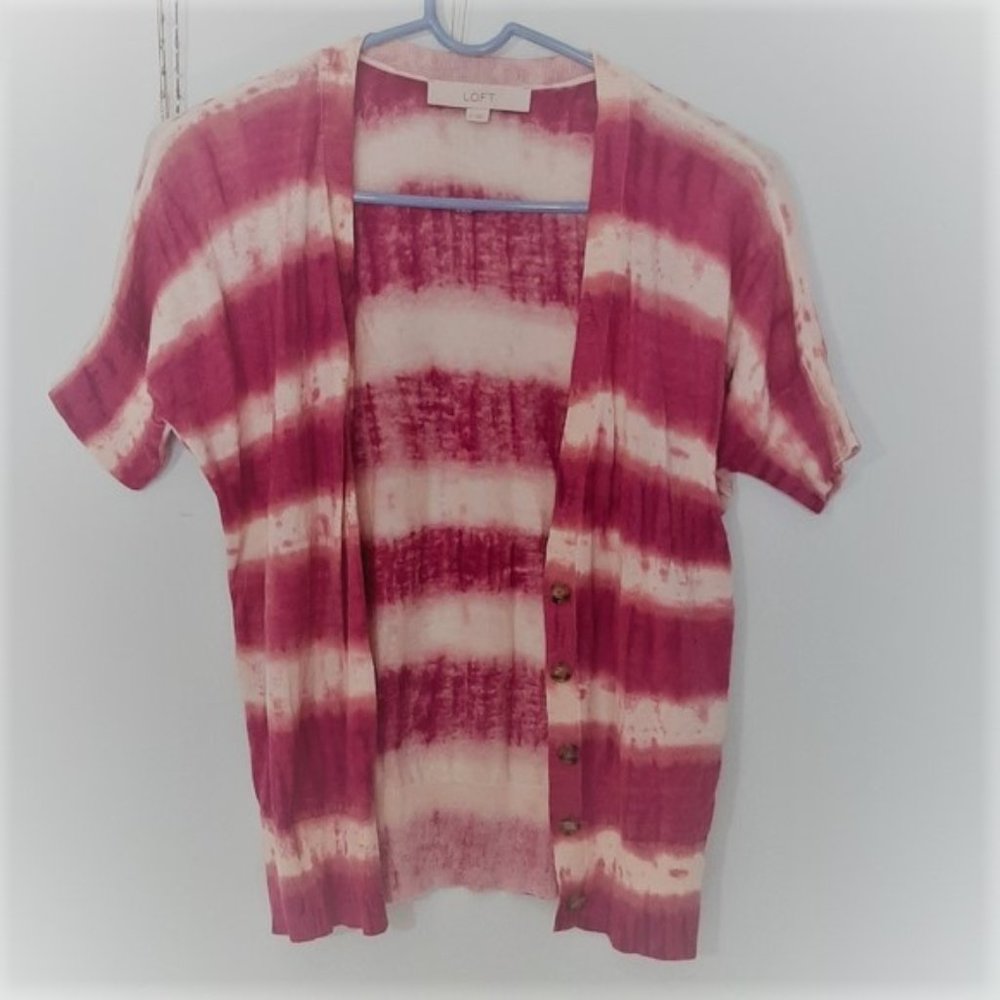 Ann Taylor Loft Pink Stripe Short Sleeve Cardigan